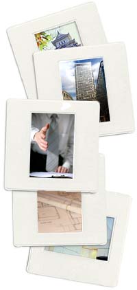 various snapshots, japanese pagoda, skyscraper, man offering handshake, building plans, light