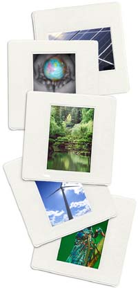 various snapshots: solar panels, child's palms holding globe, lake, wind generator, insect