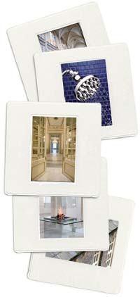 snapshot photos: ornate ceiling, shower head room with lots of doors, bloch fireplace, roof